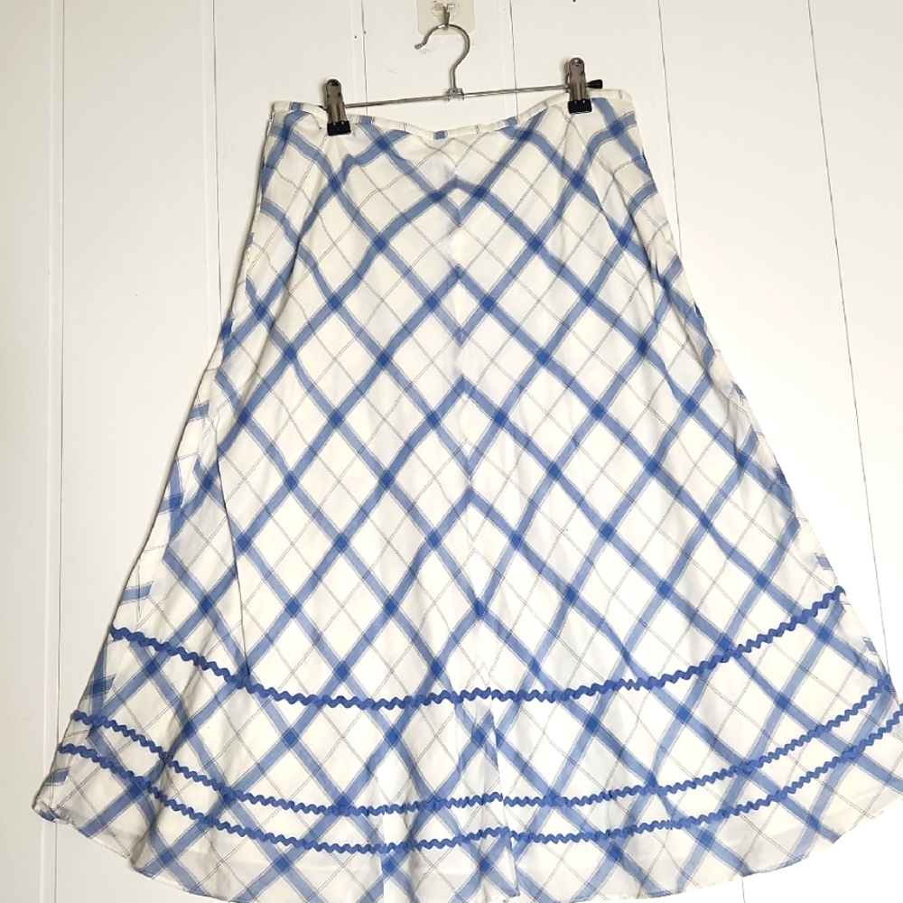 Vintage A-Line Midi Blue Gingham Plaid Cotton  Cottagecore Flowy Midi  Skirt